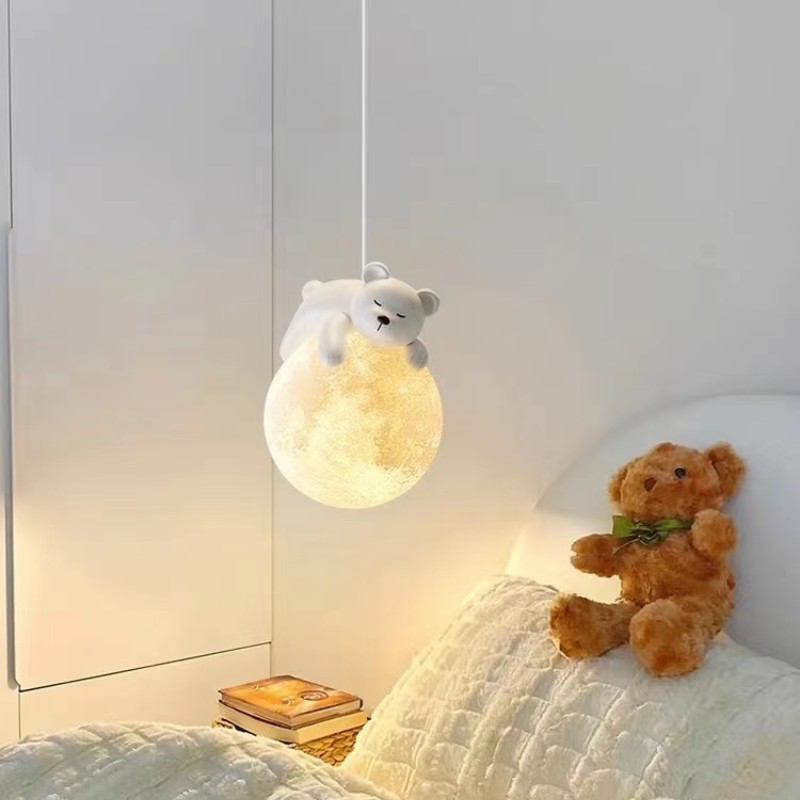 Lámpara colgante infantil con forma de luna y osito, estilo nórdico minimalista para dormitorio o habitación de niños y niñas