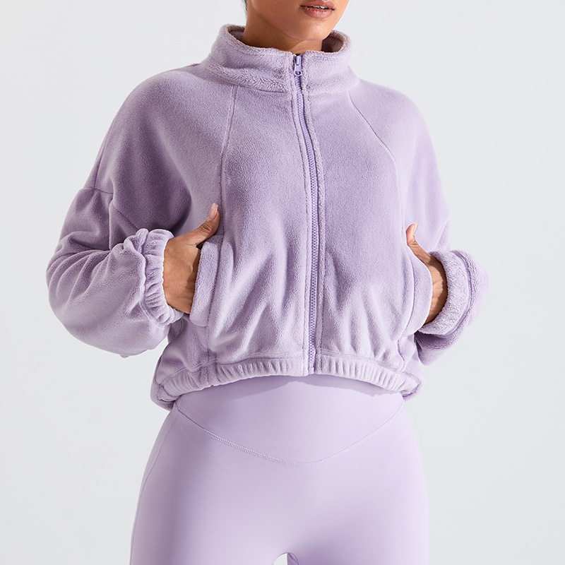 Liquidación, sin devoluciones ni cambios, chaqueta deportiva de lana austriaca resistente al viento para mujer, cuello alto, corte holgado, forrada de lana, chaqueta cálida para yoga y fitness.