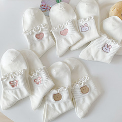 Embroidered fungus socks for women with curled edges, sweet college style mid-calf socks, spring and summer white lace stockings wholesale