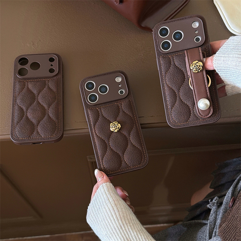 Brown Wavy Pattern Camellia Leather Protective Case for iPhone 17/16 Pro Max and Apple 15