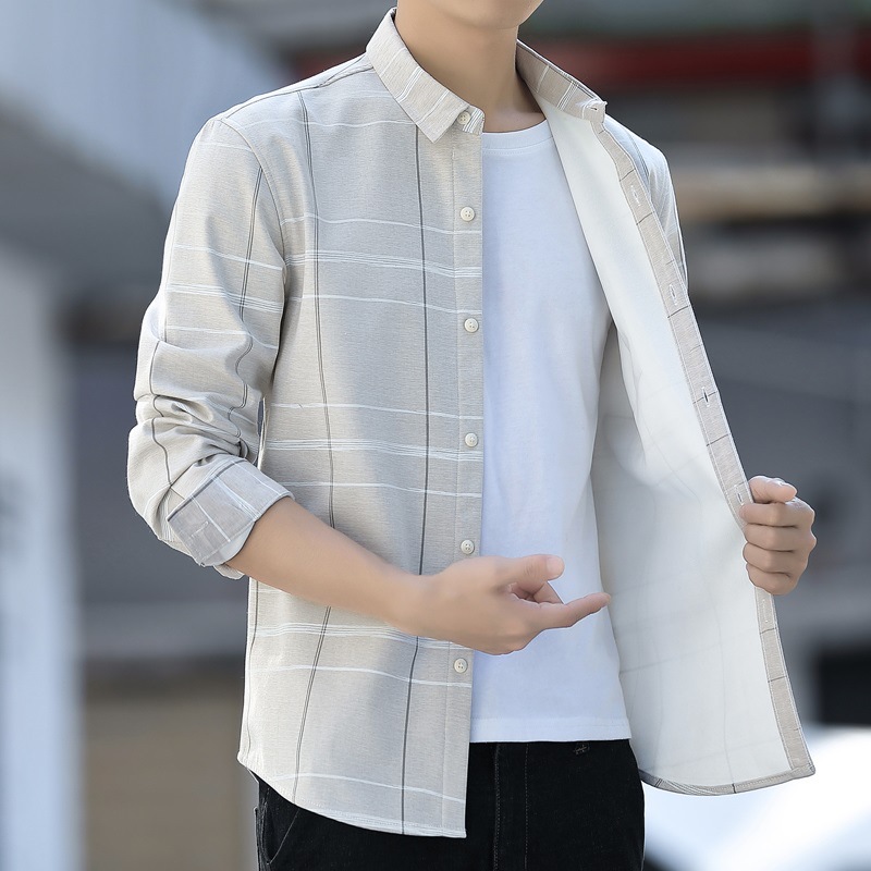 男士保暖衬衫长袖加绒衬衣春季款修身潮流格子休闲加厚款加棉寸衫