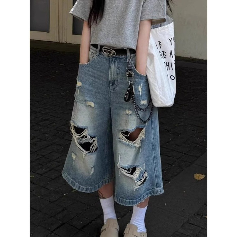 美式破洞牛仔七分裤女夏季新款大码胖MM宽松显瘦阔腿过膝中裤子潮