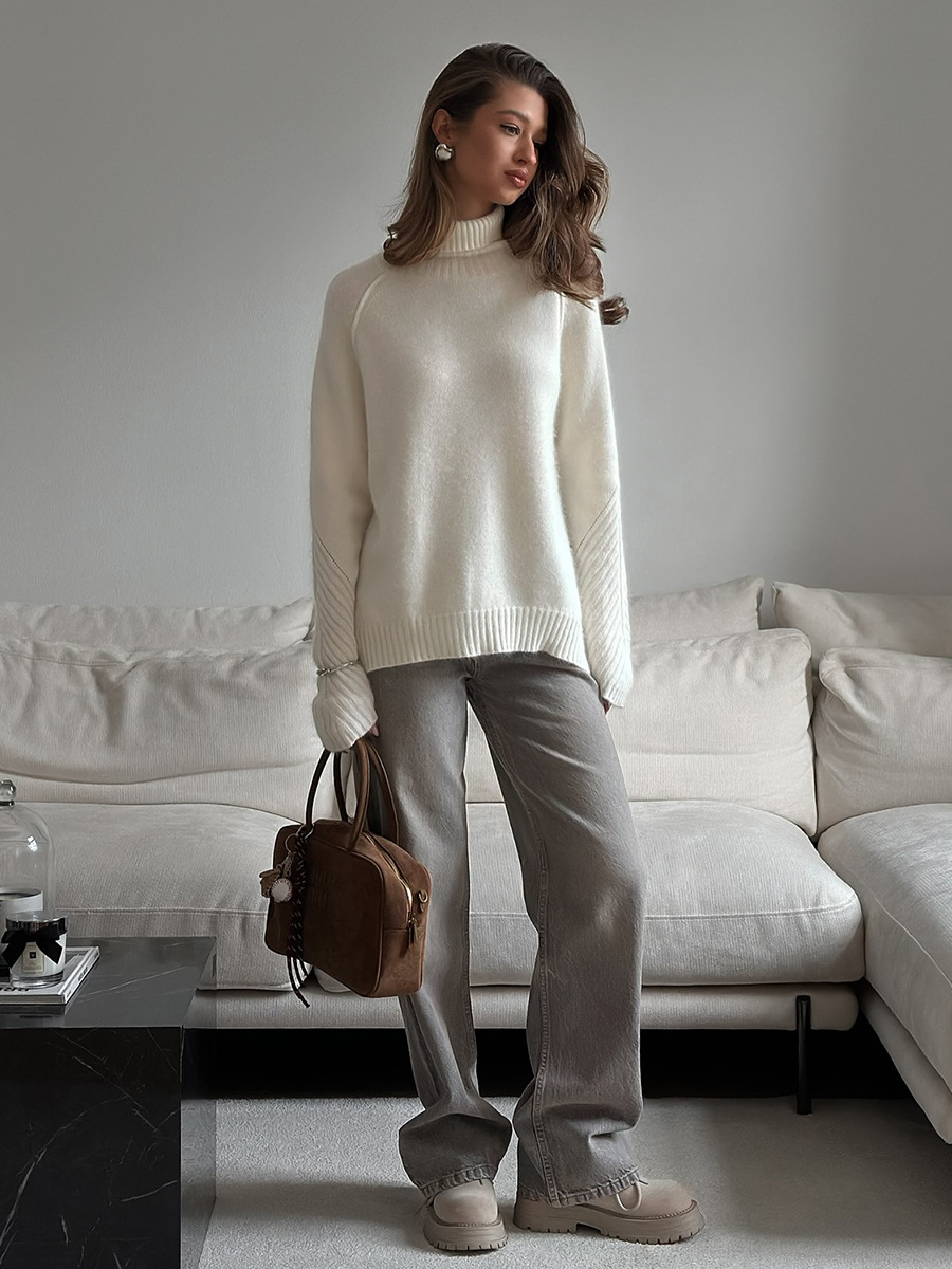 Suéter de cuello alto transfronterizo Europa y los Estados Unidos 2025, otoño y invierno, nuevo suéter de punto blanco suelto, suéter de punto casual para mujeres image 3