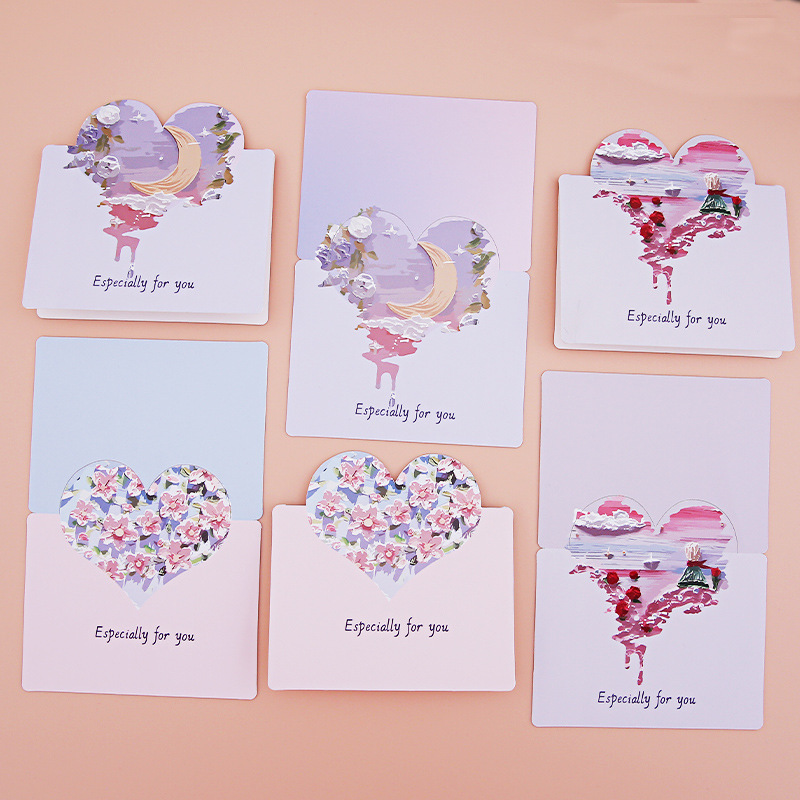 Cross-Border Oil Painting Stereo Heart Greeting Card Ins Style Creative Gift Card Literary and Artistic Envelope Hand-Painted Card New Year's Day