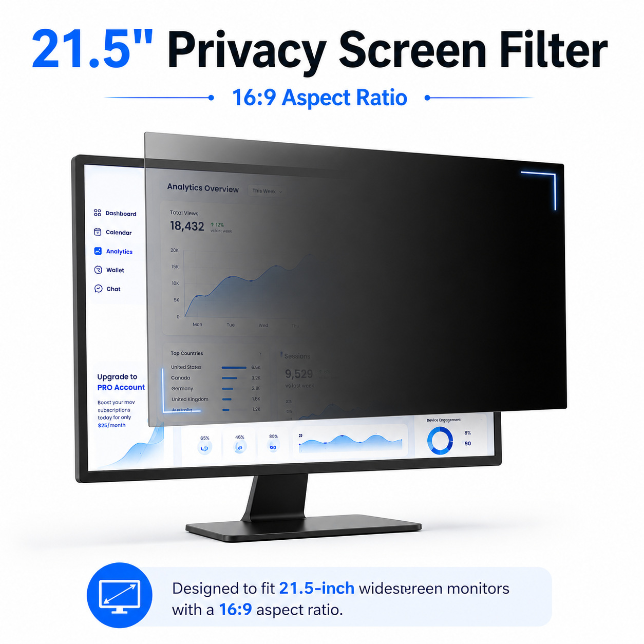 Universal 21.5-inch desktop computer privacy screen protector, blue light blocking, 180° privacy screen protector, removable.