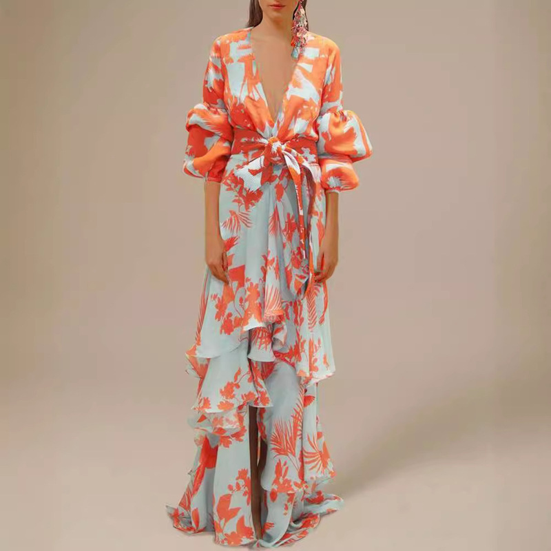 Four-color spot European and American fashion printed holiday chiffon dress deep V-neck irregular bohemian dress women