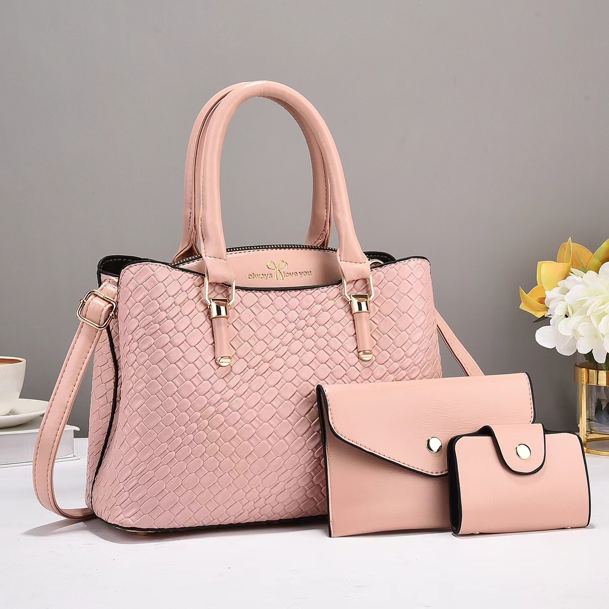 972g Weight Polyester Cotton Lining Material Women's Large Pu Leather Solid Color Vintage Style Streetwear Sewing Thread Square Zipper Bag Sets