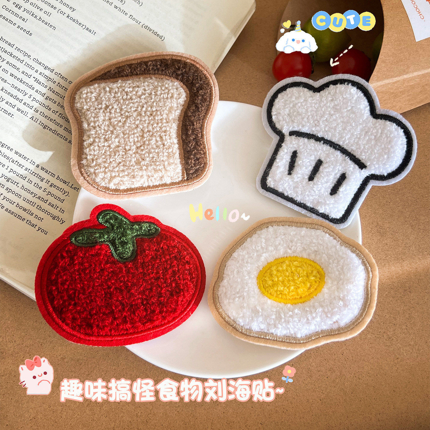 Cute cartoon fried egg tomato magic tape for women's breakfast, creative bangs sticker, hair tidying clip, traceless hair accessory