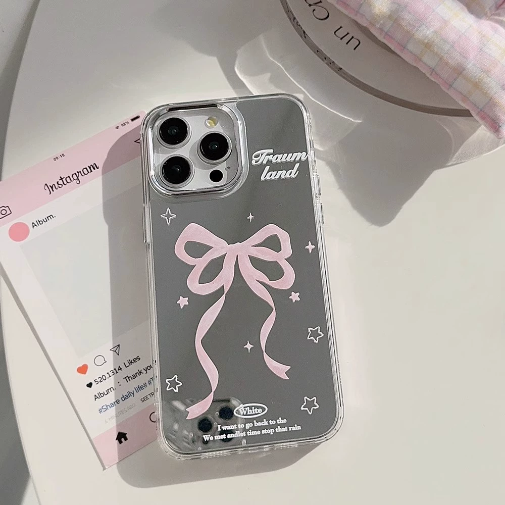 Apple, huawei, compatible phone case with bow, cartoon cute protective case, mirror effect, iphone, Japanese and Korean