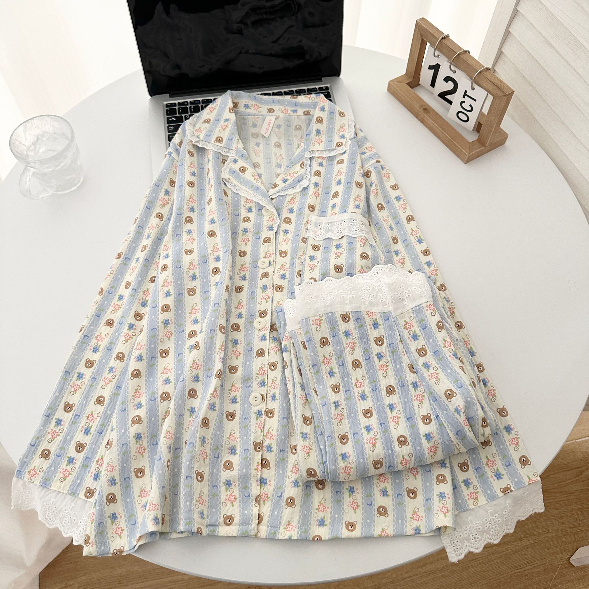 Texto secreto de chatarra nubes de algodón arco pijama de mujer primavera y otoño manga larga pantalones largos set de ropa para el hogar