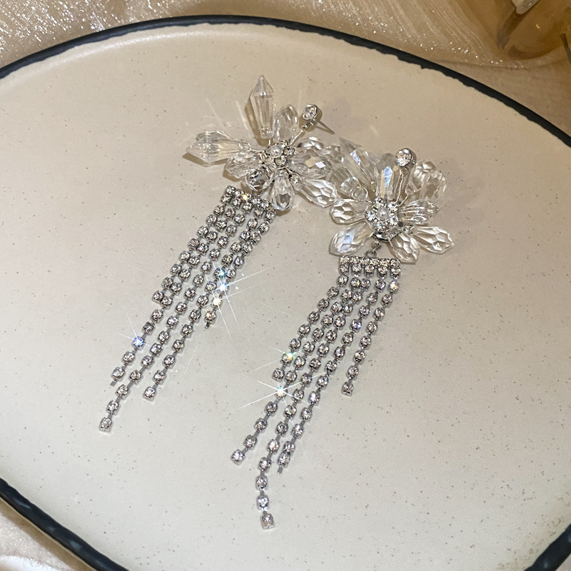 Pendientes de perla de diamantes con aguja de plata de súper hada, pendientes de borla de flores, pendientes de moda francesa, pendientes de nicho para mujer, lujo ligero, sentido de alta gama