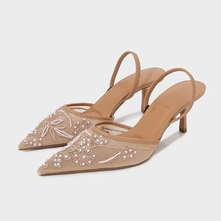 2025 New Summer Style Embroidered Mesh Beautiful High-Heeled Shoes for Women with Skirts That Are Not Tiring for Feet, Stiletto Heels, Fashionable Toe-Cap Slippers