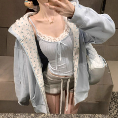 韩系碎花连帽卫衣外套女春秋慵懒风开衫设计感小众美式复古上衣服