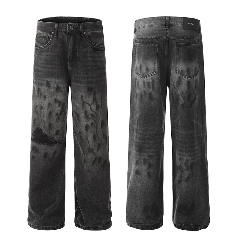 Unisex High Street Distressed Whiskered Ripped Black Jeans American Style Vibe Washed Straight Leg Slightly Flared Hip Hop Floor Length Pants_mkmklike.com