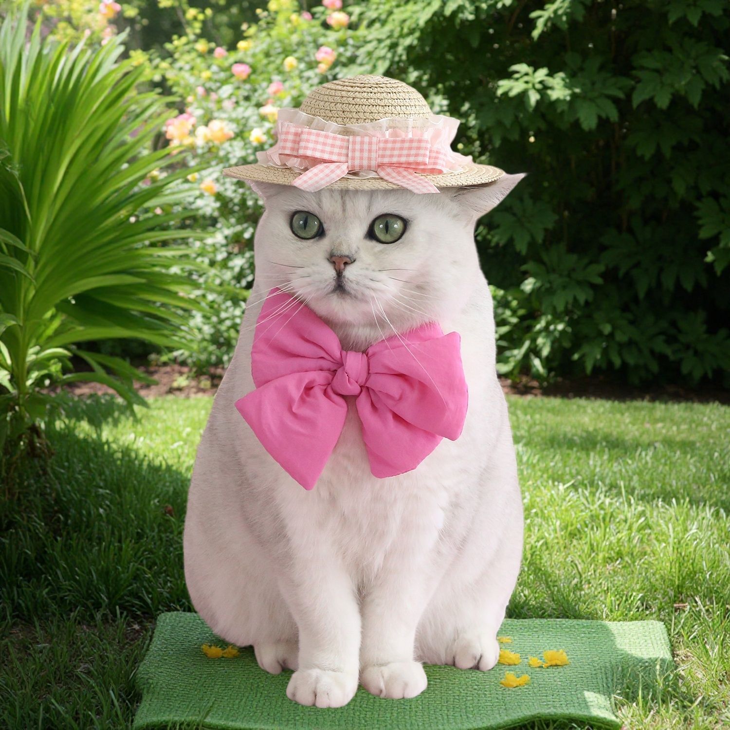 Pet tejido rosa azul encaje sombrero de paja cuadrícula arco princesa gatos cachorros viajes sombrero accesorios