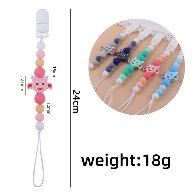 Nuevo bebé suministros de dibujos animados animal murciélago chupete cadena calmante bebé cuentas de silicona mordedura molar cadena anti-gota