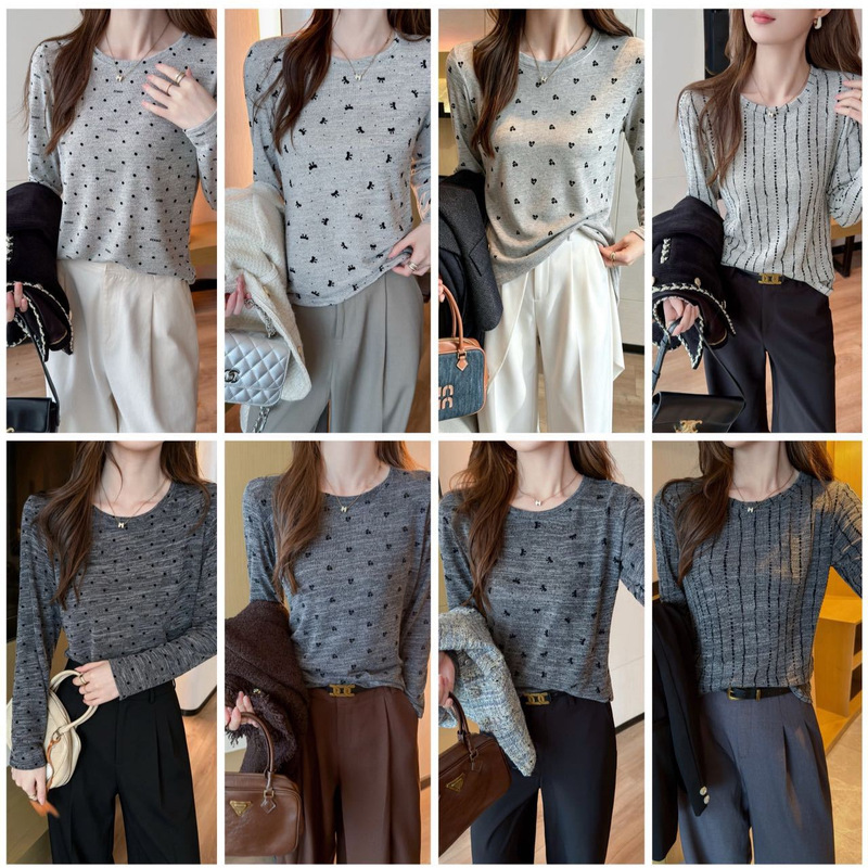 Round-neck graphic print stylish Korean-style base shirt for women, new winter long-sleeve T-shirt, high-end polka dot top