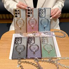 爱心渐变闪粉适用三星S25U手机壳S23FE碳纤维电镀S22手挂链磁吸壳