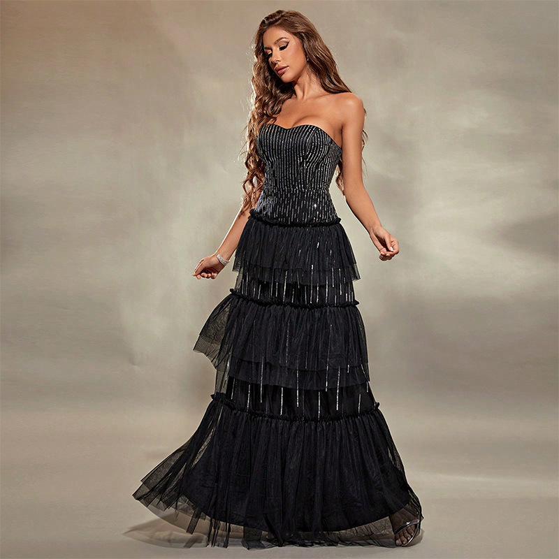 Long Tube Top Dress Vertical Pattern Design Dress 2025 New Cocktail Party Dress for Women