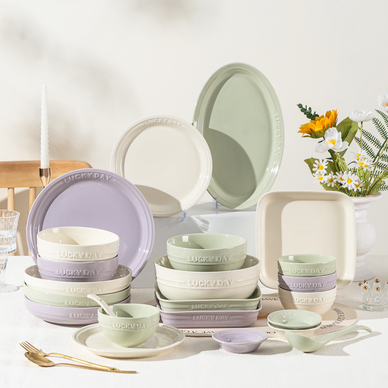 Solid Color Simple Cream Style Lucky Day Ceramic Tableware Household Rice Bowl Dish Plate High Color Value Noodle Soup Bowl Porcelain
