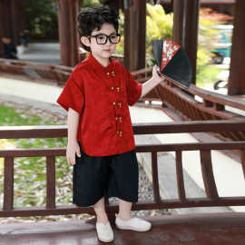 儿童红色中式短袖套装男童唐装汉服宝宝古风表演服装唐装一件代发