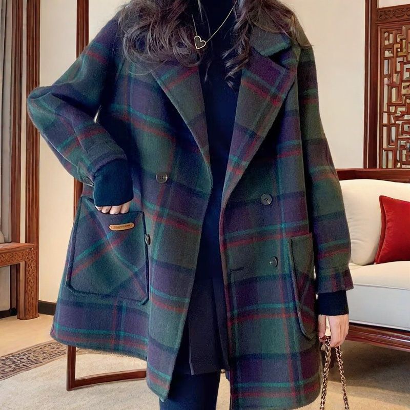 墨绿格子双面羊毛大衣女秋冬2025新款韩版高级感气质毛呢西装外套
