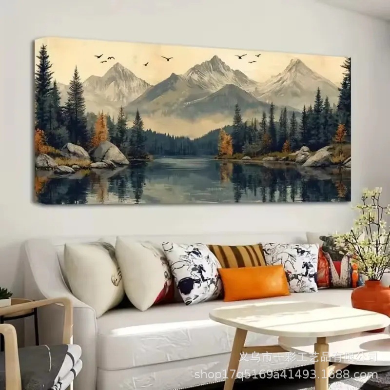 Pintura decorativa de paisaje estilo retro al óleo, impresión en lienzo horizontal de lujo nórdico para sala de estar, arte de pared con temática natural. image 1