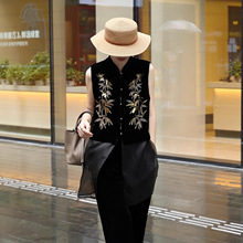 重工竹叶钉珠真丝丝绒拼欧根纱中式马甲长款2025秋款百搭坎肩上衣