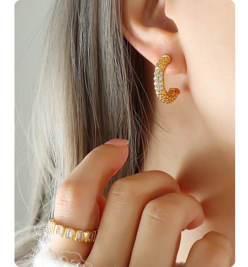 Elegant C Shape Titanium Steel Plating Zircon Earrings 1 Pair