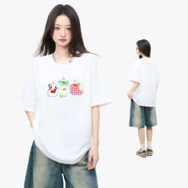 纯棉230g重磅潮流彩格苹果女士短袖t恤日系宽松青少年创意体恤衫