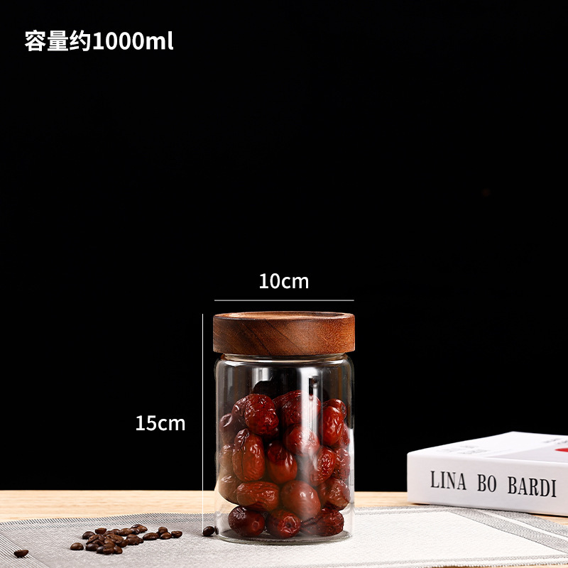 アカシア木製ガラス保存瓶コーヒー豆茶瓶キッチン穀物保存瓶高ホウケイ酸ガラス密封瓶|undefined