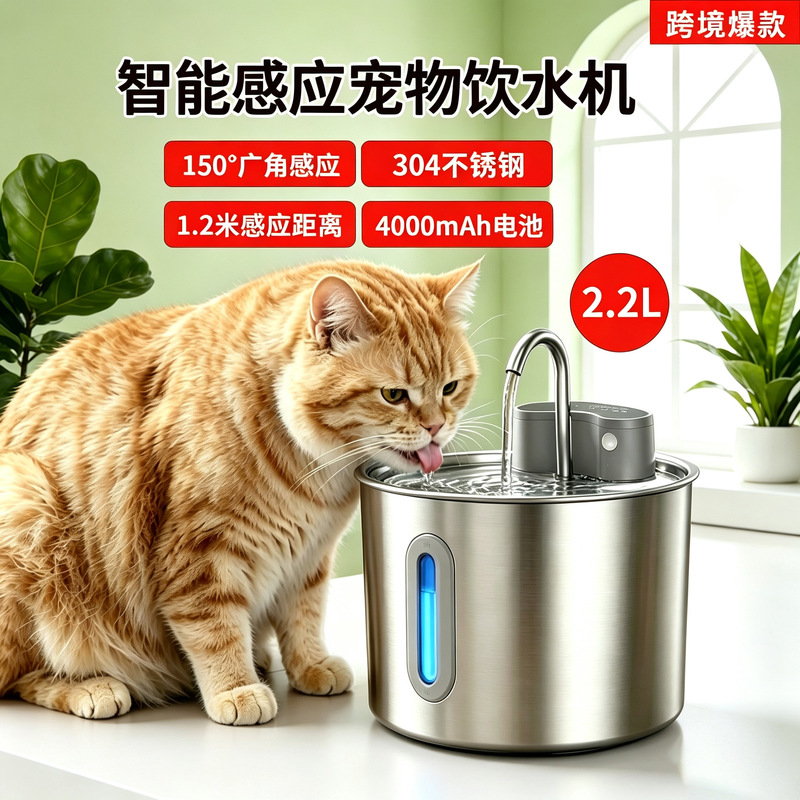 Stainless Steel Pet Water Dispenser with Infrared Sensor 2.2L Silent Water Circulation Automatic Sensor for Cats and Dogs Stainless Steel Pet Water Dispenser with Infrared Sensor 2.2L Silent Water Circulation Automatic Sensor for Cats and Dogs