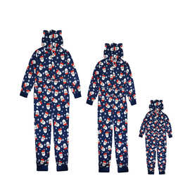 外贸欧美圣诞亲子装连帽圣诞老人印花连体裤圣诞睡衣家居服XX0218