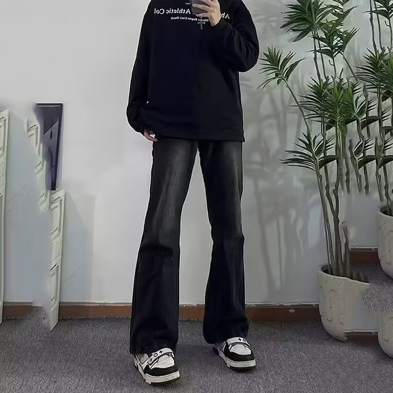 Black Micro-La Jeans Men's Dirt-Resistant Wear-Resistant Slim-Fit Straight-Barrel High-Level Pants American Vintage High Street Pants