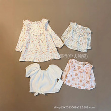 外贸原单女宝宝花边棉纱长袖小衫衣服女童纯棉碎花上衣家居服现货