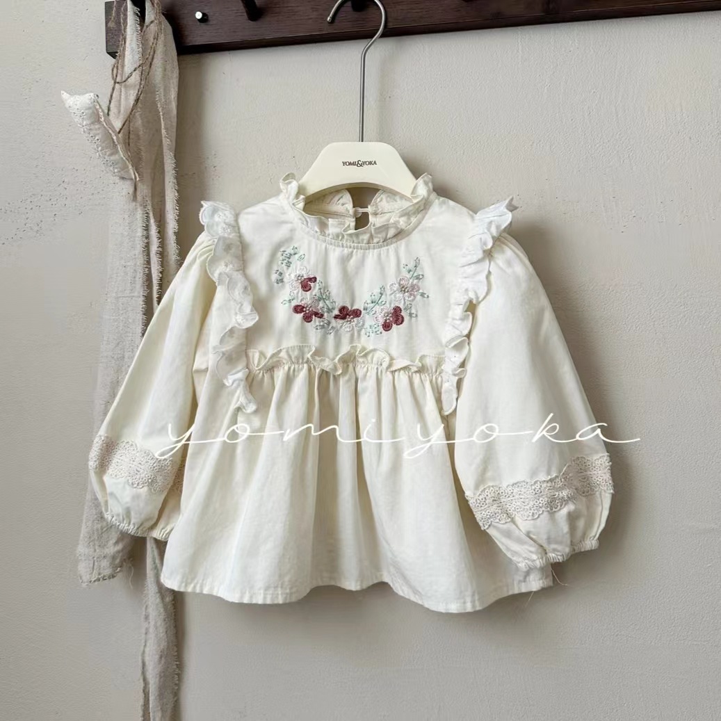 Estrella redonda ropa de niña primavera y otoño nuevo niño bordado camisa de muñeca de encaje camisa de bebé camisa dulce
