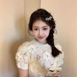 立体手工镂空钩花针织衫女新款精美小香风短袖上衣