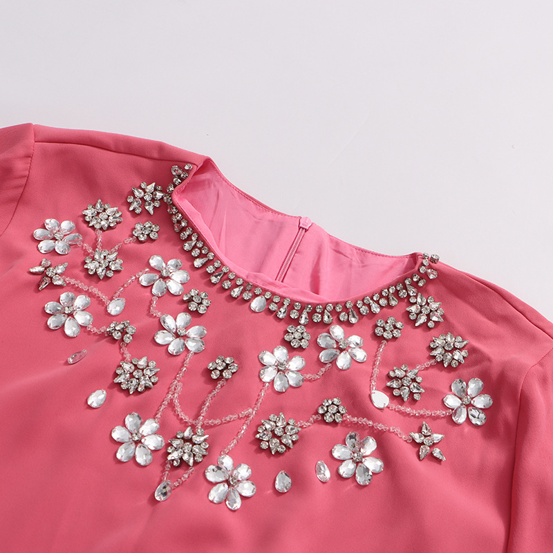 Elegant French-Style Cape Dress With Rhinestone Details - Flowy Batwing Sleeve Maxi Dress For Women, Soft Pink Pure Color Stretch_ecoleips.com