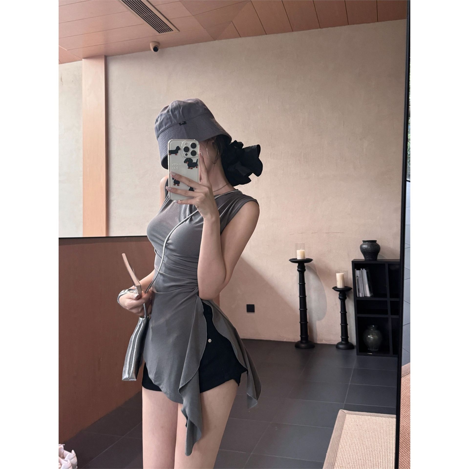 美式灰色背心無袖T恤女裝夏季設計感小眾不規則修身別致獨特上衣