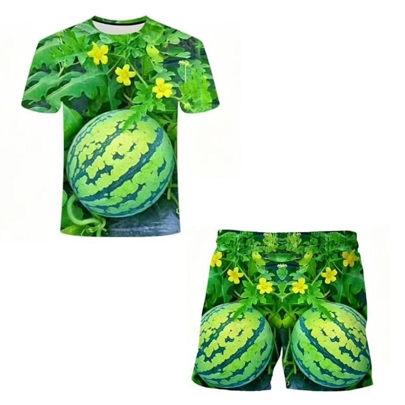 2026 New Style Fun Niche Large Watermelon Pattern Printed T-Shirt Set Casual Loose Quirky Round Neck Short Sleeves