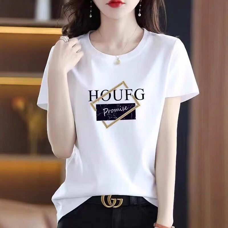 Summer Short-sleeved New Women's Combed Cotton Letter T-shirt Fashion Casual Base Cotton Korean Style T-shirt Women's Half-sleeved
