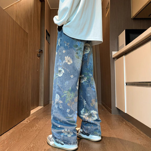 American street print denim jeans for men, autumn trend brand vibe style loose matchable design sense floor-length wide-leg pants
