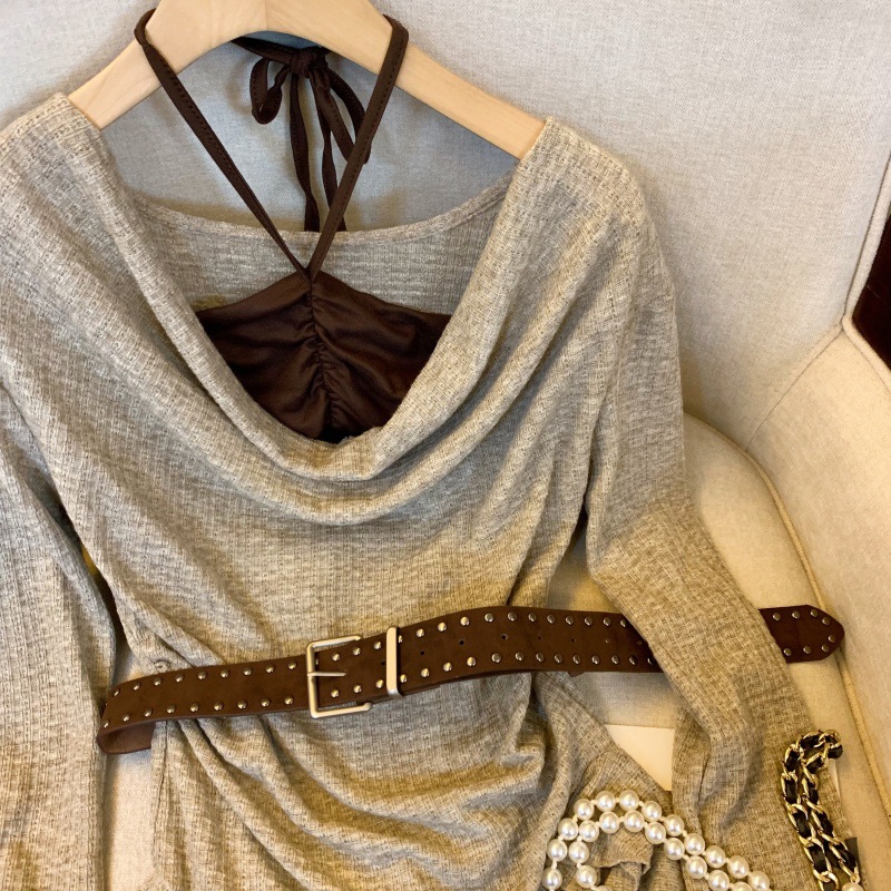 Conjunto de Colete Feminino Outono com Decote Halter em Tricô, Design Exquisito, Cor Sólida, Modelagem Solta e Cinto._voghion.com