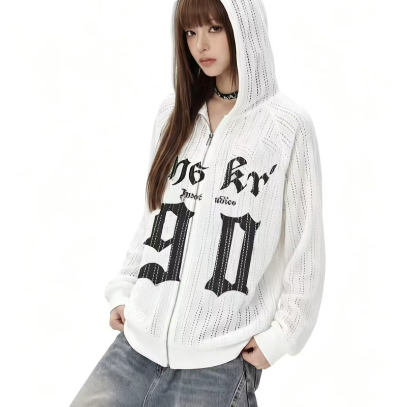Korean-Style Sweet and Cool Letter-Printed Hooded Knitwear with Slightly See-Through Hollow-Out Design, Sun-Protective Cover-Up, Loose Fit and Slimming Effect