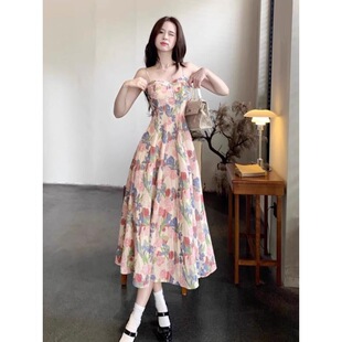 French Floral Tea Style Waist-Cinching Spring and Summer Early Long Suspender Dress Women's Skirt Suit