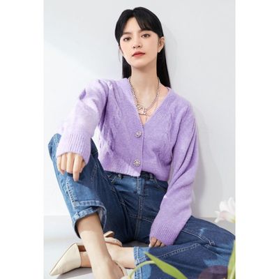 何穗同款2021春装新款短款开衫外套通勤针织截断单排扣v领上衣女|ms