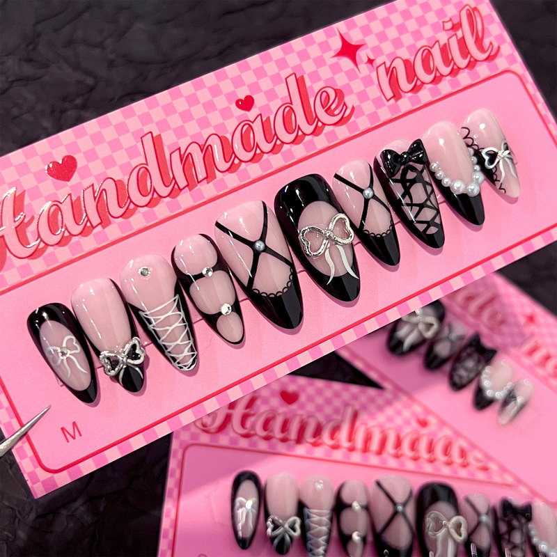 Spicy French black wearing nail point drill stereo bow nail nail nail short almond European and American nail wholesale