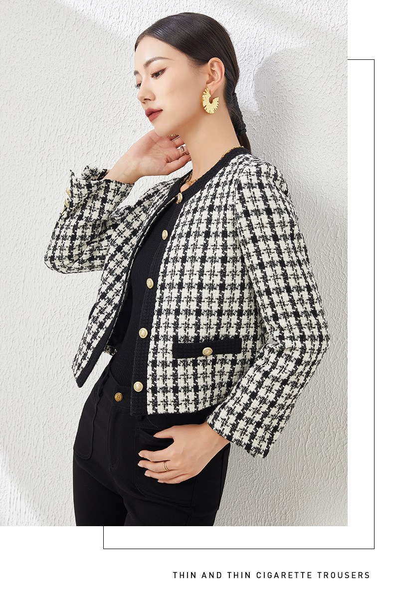 Áo khoác dáng ngắn họa tiết răng cưa kiểu Chanel, phong cách Hàn Quốc, form rộng — Ca rô chi tiết 9