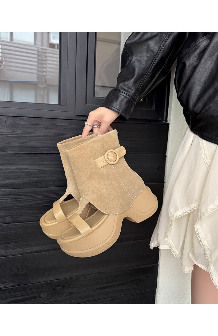 Boot sandal hở mũi gót vuông đế dày da lộn khóa kéo sau — Màu caramel, màu mơ chi tiết 22