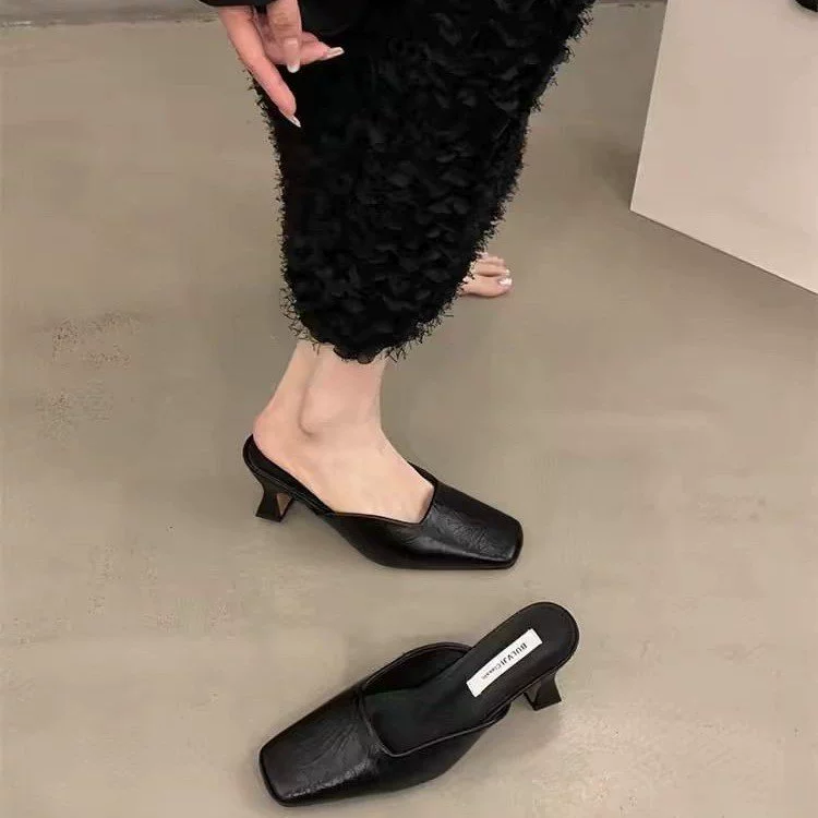 Элегантные женские мюли на высоком каблуке, новая модель весна/лето 2025, массивный каблук, удобные туфли с неглубоким вырезом.